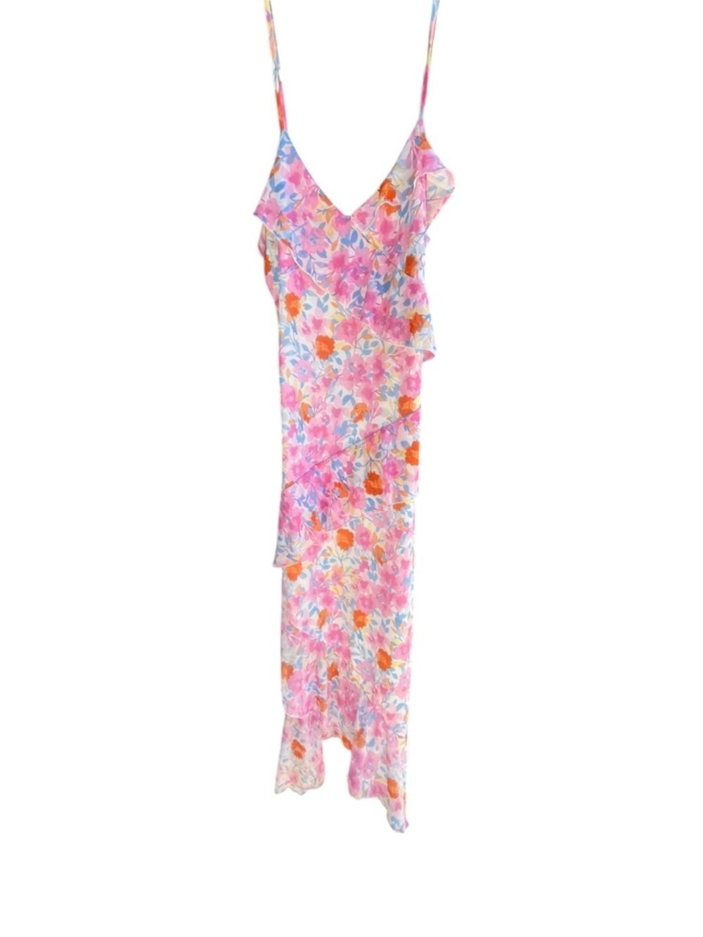 No Comment Floral Mesh Midi Dress Asymmetrical Hem Ruffle Size L - Picture 3 of 9
